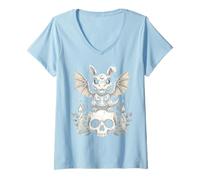 Women's Gothic Dino on Skull Pastel Goth Kawaii Skeleton V-Neck T-Shirt