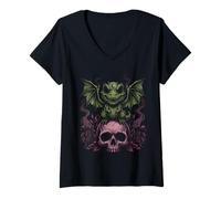 Women's Gothic Dino on Skull Pastel Goth Kawaii Skeleton V-Neck T-Shirt