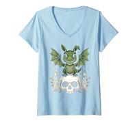Women's Gothic Dino on Skull Pastel Goth Kawaii Skeleton V-Neck T-Shirt