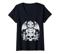 Women's Gothic Dino on Skull Pastel Goth Kawaii Skeleton V-Neck T-Shirt