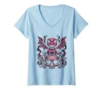Women's Gothic Dino on Skull Pastel Goth Kawaii Skeleton V-Neck T-Shirt