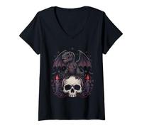 Women's Gothic Dino on Skull Pastel Goth Kawaii Skeleton V-Neck T-Shirt