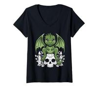 Women's Gothic Dino on Skull Pastel Goth Kawaii Skeleton V-Neck T-Shirt