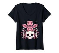 Women's Gothic Dino on Skull Pastel Goth Kawaii Skeleton V-Neck T-Shirt