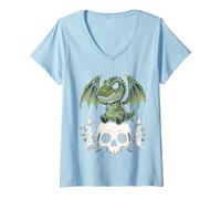 Women's Gothic Dino on Skull Pastel Goth Kawaii Skeleton V-Neck T-Shirt