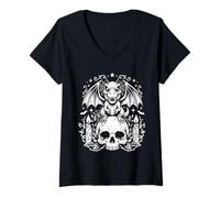Women's Gothic Dino on Skull Pastel Goth Kawaii Skeleton V-Neck T-Shirt