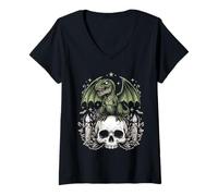 Women's Gothic Dino on Skull Pastel Goth Kawaii Skeleton V-Neck T-Shirt