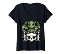 Women's Gothic Dino on Skull Pastel Goth Kawaii Skeleton V-Neck T-Shirt