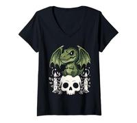 Women's Gothic Dino on Skull Pastel Goth Kawaii Skeleton V-Neck T-Shirt