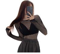 Women's Gothic Fishnet Mesh See Through Tops Skinny Goth Hollow Out Long Sleeve Shirts Crop Top Blouses (UK, Alpha, One Size, Regular, Regular, Black Low Necked)