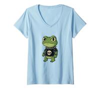 Women's Gothic Frog with Skull-Shirt Pastel Goth Kawaii Skeleton V-Neck T-Shirt