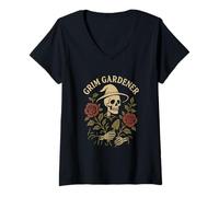 Womens Gothic Garden Skull with Roses Crown and Crescent Moon V-Neck T-Shirt