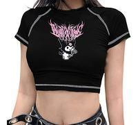 Women's Gothic Graphic Print Crop T-Shirt Tops Short Sleeve Tee Crewneck Kawaii Y2K E-Girl Tops Blouse (A-Black, S)