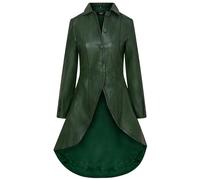 Womens Gothic Green Full Length Leather Coat Victorian Flare Goth Punk