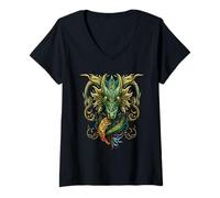 Womens Gothic Guardian Mystic Dragon V-Neck T-Shirt
