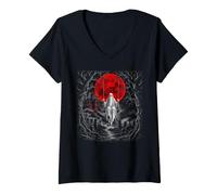 Women's Gothic Halloween Shirt Ghost Swing Red Moon Cemetery Scary V-Neck T-Shirt