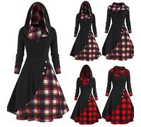 Womens Gothic Hooded Dress Vintage Plaid Splicing Midi Dresses Button Long Sleeve Hoodies Cloak Dress, Ladies Goth Plaid Medieval Renaissance Retro Patchwork Halloween Costumes for Women UK Clearance