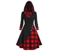 Womens Gothic Hooded Dress Vintage Plaid Splicing Midi Dresses Button Long Sleeve Hoodies Cloak Dress, Ladies Goth Plaid Medieval Renaissance Retro Patchwork Halloween Costumes for Women UK Clearance