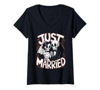 Womens Gothic Just Married Skeleton Couple V-Neck T-Shirt