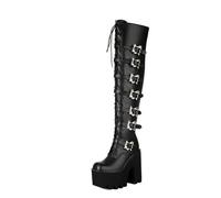Women's Gothic Knee-High Platform Boots Black Patent Leather, Chunky Heel, Multi-Buckle Combat Style, Lace-Up Punk Aesthetic for Streetwear & Night Out,Black PU,4.5 UK