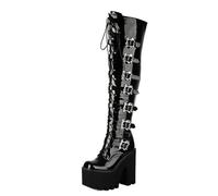 Women's Gothic Knee-High Platform Boots Black Patent Leather, Chunky Heel, Multi-Buckle Combat Style, Lace-Up Punk Aesthetic for Streetwear & Night Out,Black Patent,3 UK