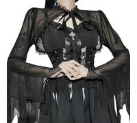 Women's Gothic Lace Bell Sleeve Crop Tops Sexy Vintage Y3K See Through Fishnet Long Flare Sleeve Short Shirt Ladies Sexy Gothic Smock Shrug Top for Halloween Cosplay Party Carnival Festival