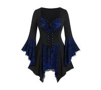 Women's Gothic Lace Blouse Steampunk Tops Flare Sleeve Pullover T Shirt Irregular Hem Swing Sweatshirt Ladies Vintage Patchwork Shirt Lace up Ruffled Jumpers Party Elegant Tunic Top Clubwear
