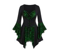 Women's Gothic Lace Blouse Steampunk Tops Flare Sleeve Pullover T Shirt Irregular Hem Swing Sweatshirt Ladies Vintage Patchwork Shirt Lace up Ruffled Jumpers Party Elegant Tunic Top Clubwear