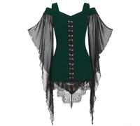 Women's Gothic Lace Butterfly Sleeve, Tops V-Neck Irregular Patchwork Blouse Plus Size Cosplay, For Spring Summer Autumn(S Green)