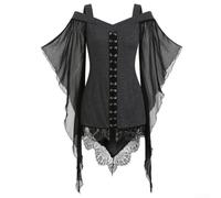 Women's Gothic Lace Butterfly Sleeve, Tops V-Neck Irregular Patchwork Blouse Plus Size Cosplay, For Spring Summer Autumn(S Gray)