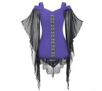 Women's Gothic Lace Butterfly Sleeve, Tops V-Neck Irregular Patchwork Blouse Plus Size Cosplay, For Spring Summer Autumn(XXL Purple)