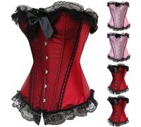 Womens Gothic Lace Corset Ladies Steampunk Overbust Basque Body Shaper Satin Bustiers Lace up Waist Trainer Heavy Duty Shapewear Steel Boned Waist Cincher Tummy Control Body Shaper Halloween Costume