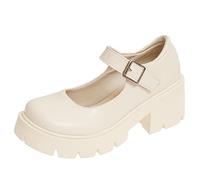 Women's Gothic Mary Janes Buckle Medium High Heeled Shoes Thick Heeled Thick Bottom Round Head Cute Girls Kawaii Lolita Campus Shoes (A-beige,41)
