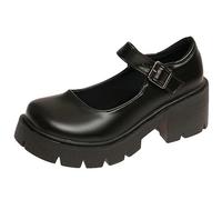 Women's Gothic Mary Janes Buckle Medium High Heeled Shoes Thick Heeled Thick Bottom Round Head Cute Girls Kawaii Lolita Campus Shoes (A-black Pu,34)