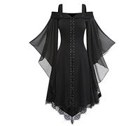 Womens Gothic Medieval Lace Dress Ladies Cold Shoulder Steampunk Dresses Flare Sleeve Tie Front Dress Renaissance Retro Princess Skirt Mesh Halloween Dresses Swing Goth Lolita Dress Plus Size