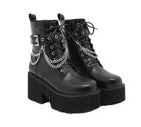 Women Platform Ankle Boots Gothic Metal Chain Lace-Up Warm Lining Autumn Winter Boots Wear-Resistant Chunky Heel Breathable Leather Boots Black