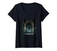 Women's Gothic Mirror Corridor Dark Hallway Mystery Design V-Neck T-Shirt