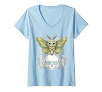 Women's Gothic Moth and Butterfly Pastel Goth Kawaii Skeleton V-Neck T-Shirt
