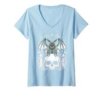 Women's Gothic Moth and Butterfly Pastel Goth Kawaii Skeleton V-Neck T-Shirt