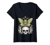 Women's Gothic Moth and Butterfly Pastel Goth Kawaii Skeleton V-Neck T-Shirt
