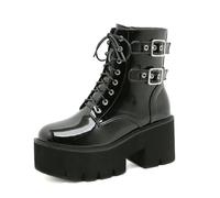 Women's Gothic Platform Lace-Up Ankle Boots Chunky High Heel Patent Strap Buckle Biker Combat Booties,Black B,4 UK