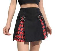 Women's Gothic Pleated Mini Skirt with High Waist Y2k Lace Patchwork A-Line Flare Plaid Ruffle Short Skirts E-Girl Streetwear - Red - M