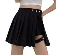 Women's Gothic Punk Mini Skirts Y2K High Waist Pleated Skirts Plaid Hollow Out Garter Buckle A-line Skater Short Skirt, black, L