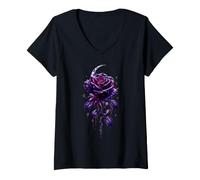 Women's Gothic Purple Rose Crescent Moon Beautiful Dark V-Neck T-Shirt