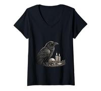 Womens Gothic Raven Crow Bird Skull Candles Occult Art V-Neck T-Shirt