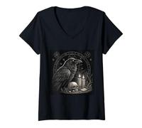 Womens Gothic Raven Crow Bird Skull Candles Occult Art V-Neck T-Shirt