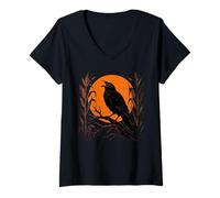 Womens Gothic Raven Crow Harvest Orange Moon Corn Field Halloween V-Neck T-Shirt