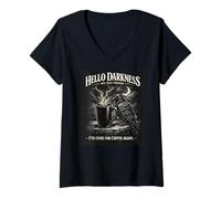 Women's Gothic Raven Crow Hello Darkness I've Come for Coffee Lover V-Neck T-Shirt