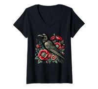Womens Gothic Raven Rose Design - Enchanted Floral Crow for Gothic V-Neck T-Shirt