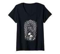Womens Gothic Raven Skull, Dark Fantasy Crow Art, Bird with Skull V-Neck T-Shirt